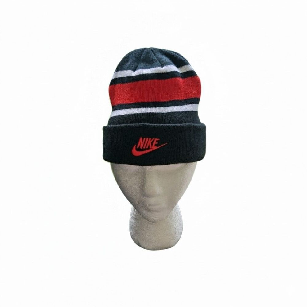 NIKE Beanie Youth Black White Red Knite Fold Over Swoosh Logo Ski Hat Cap
